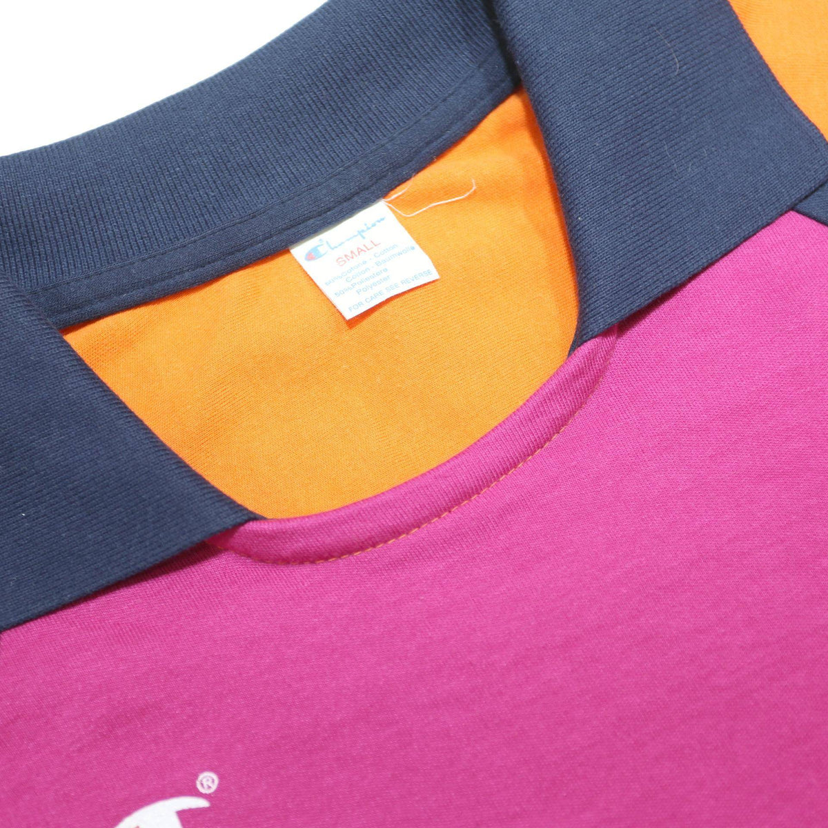 CHAMPION Mens Pink & Navy Blue & Orange & White Modern T-Shirt S Short Sleeve