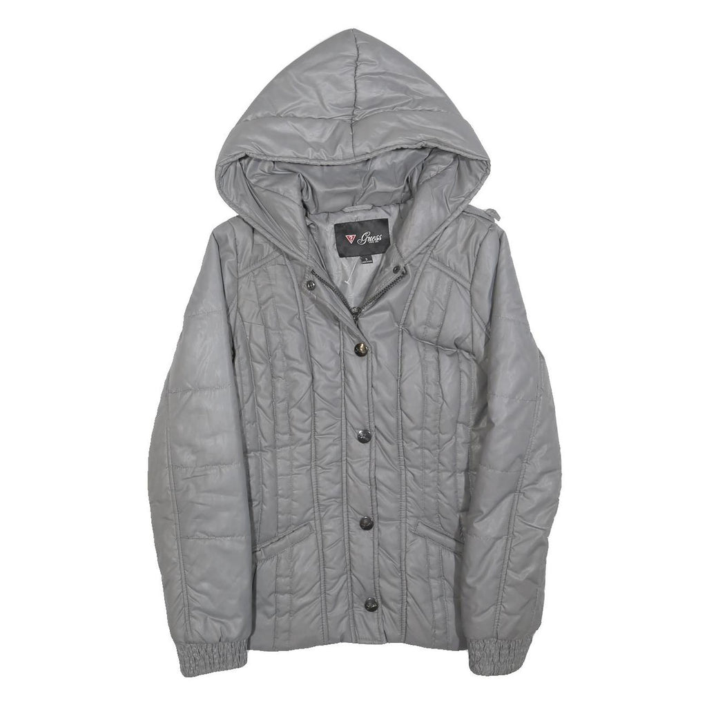 GUESS Womens Grey Hooded Quilted Jacket S Polyester Blend Zip Casual Outerwear