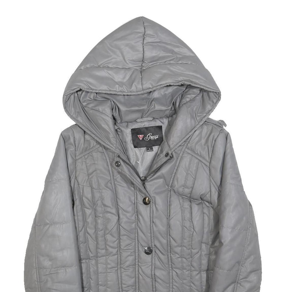GUESS Womens Grey Hooded Quilted Jacket S Polyester Blend Zip Casual Outerwear