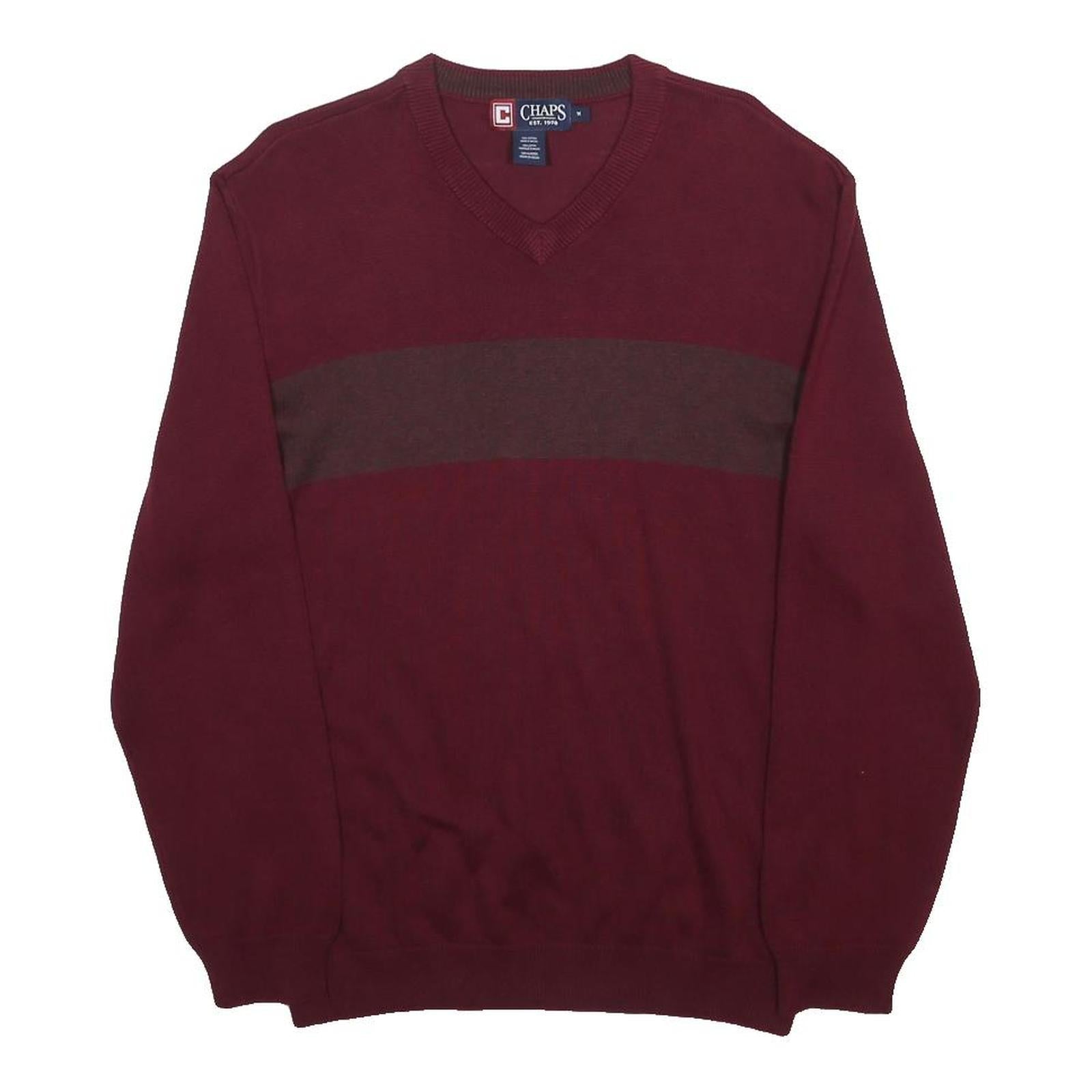 CHAPS Mens Maroon & Brown Plain V-Neck Basic Knit Jumper M Cotton Lightweight