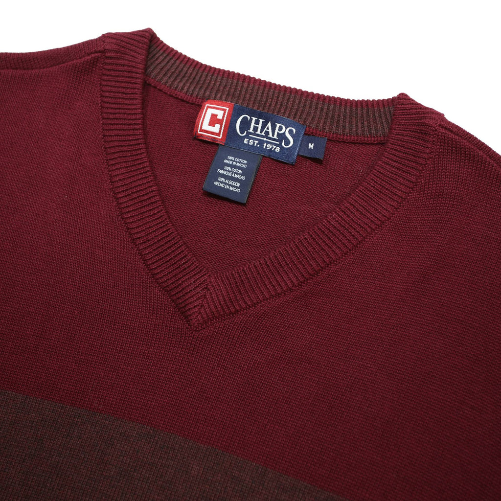 CHAPS Mens Maroon & Brown Plain V-Neck Basic Knit Jumper M Cotton Lightweight