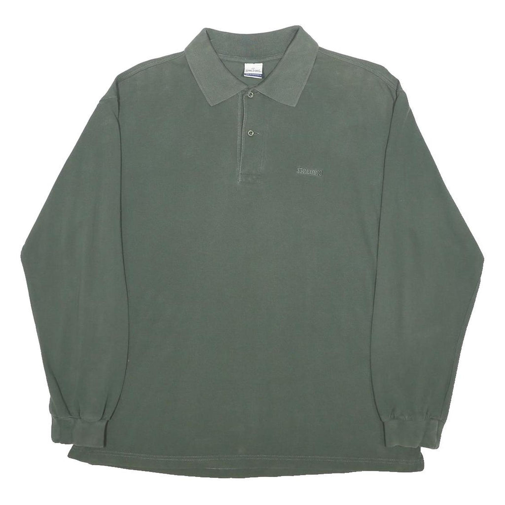 SPALDING Mens Green Long Sleeve Plain Cotton Polo Shirt L Casual Classic