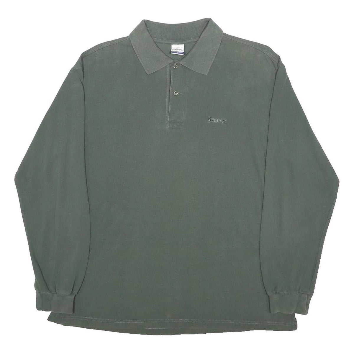 SPALDING Mens Green Long Sleeve Plain Cotton Polo Shirt L Casual Classic