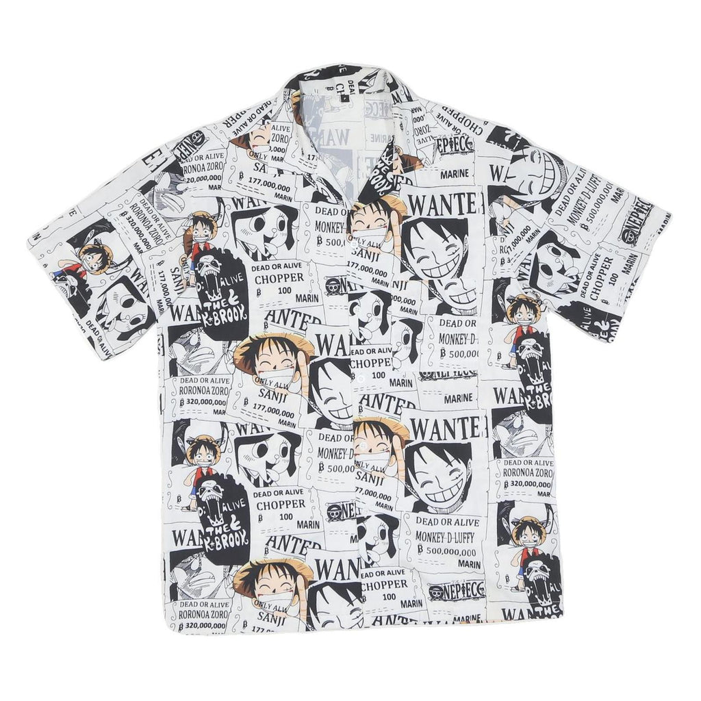 Mens White & Black Cartoon Wanted Print Shirt L Polyester Blend Short Sleeve