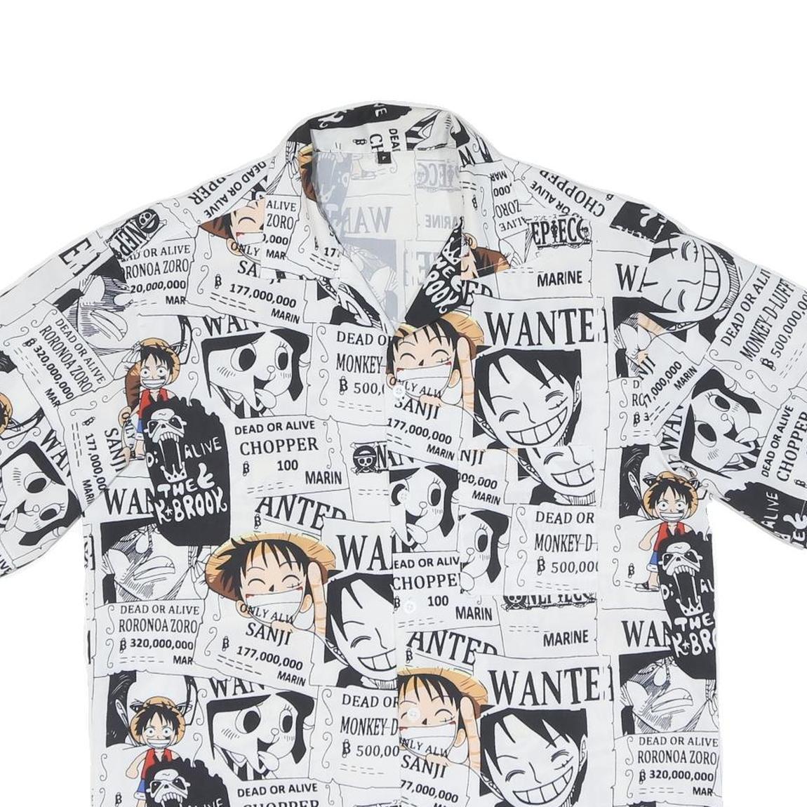 Mens White & Black Cartoon Wanted Print Shirt L Polyester Blend Short Sleeve