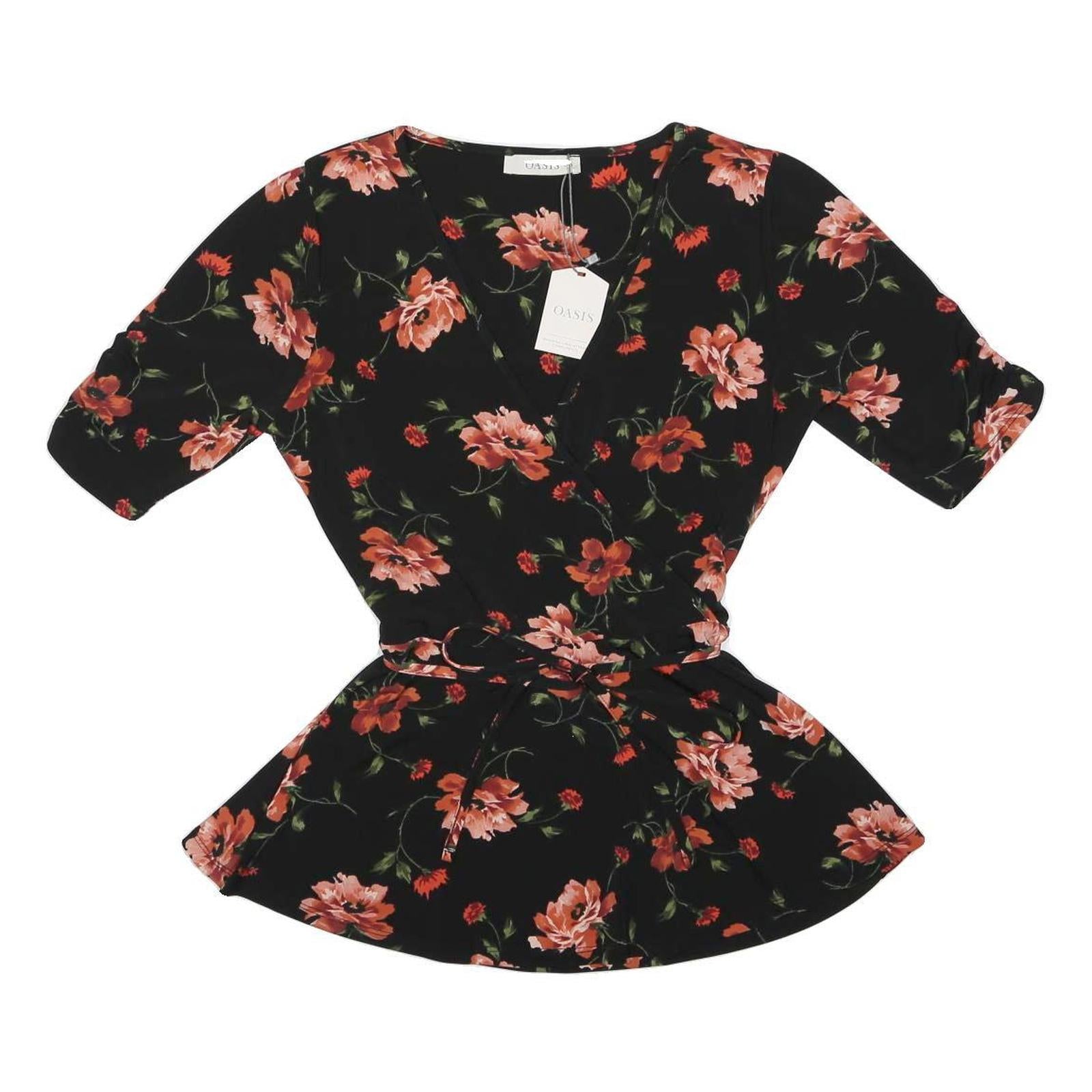 OASIS Womens Black Floral Printed Blouse 3/4 Sleeve V-Neck S Belted Waist