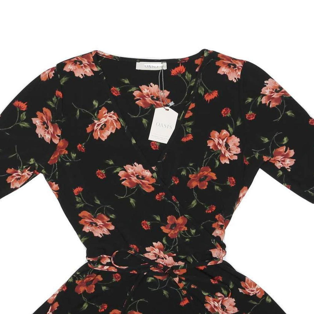 OASIS Womens Black Floral Printed Blouse 3/4 Sleeve V-Neck S Belted Waist