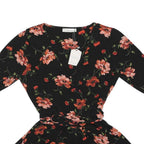 OASIS Womens Black Floral Printed Blouse 3/4 Sleeve V-Neck S Belted Waist