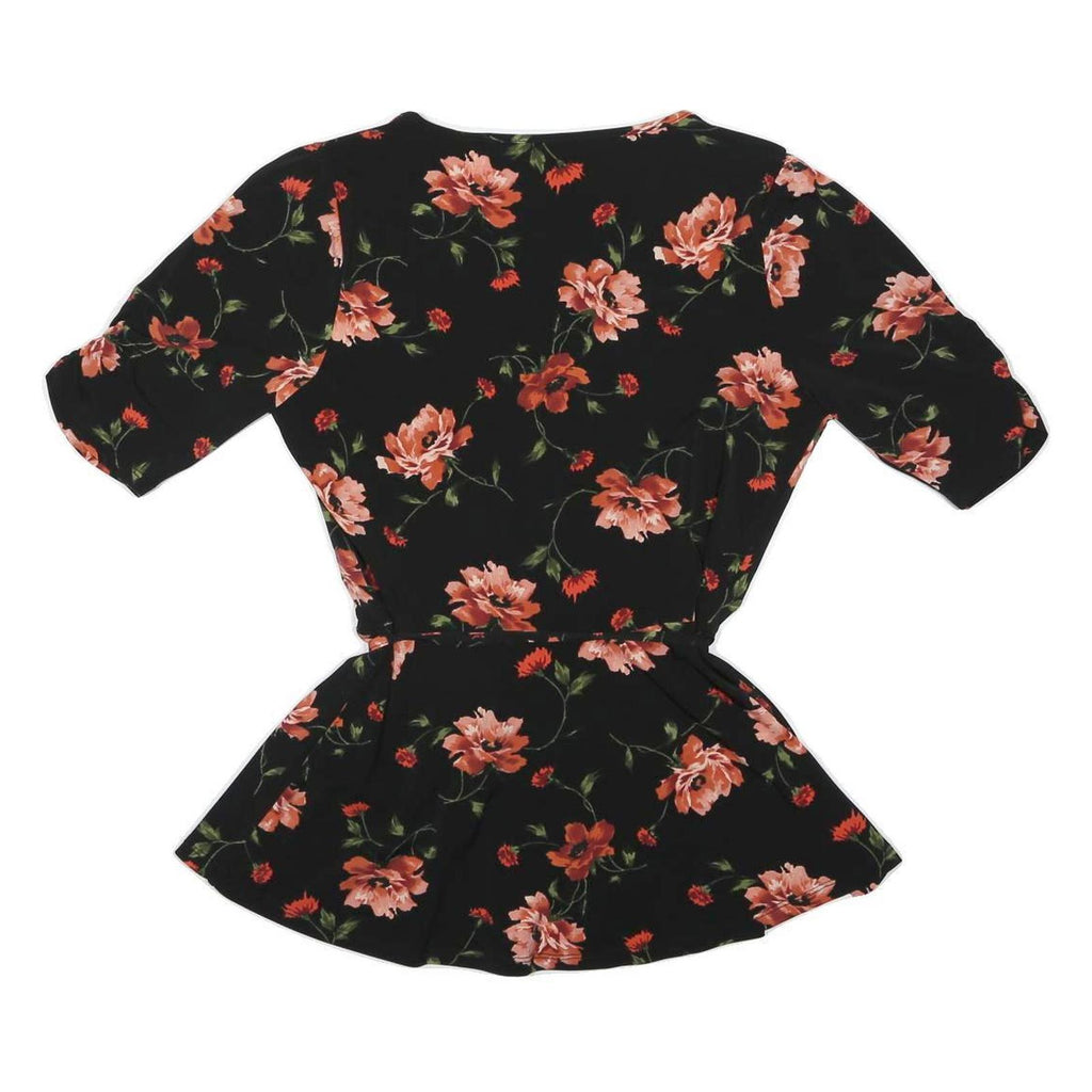 OASIS Womens Black Floral Printed Blouse 3/4 Sleeve V-Neck S Belted Waist