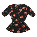 OASIS Womens Black Floral Printed Blouse 3/4 Sleeve V-Neck S Belted Waist