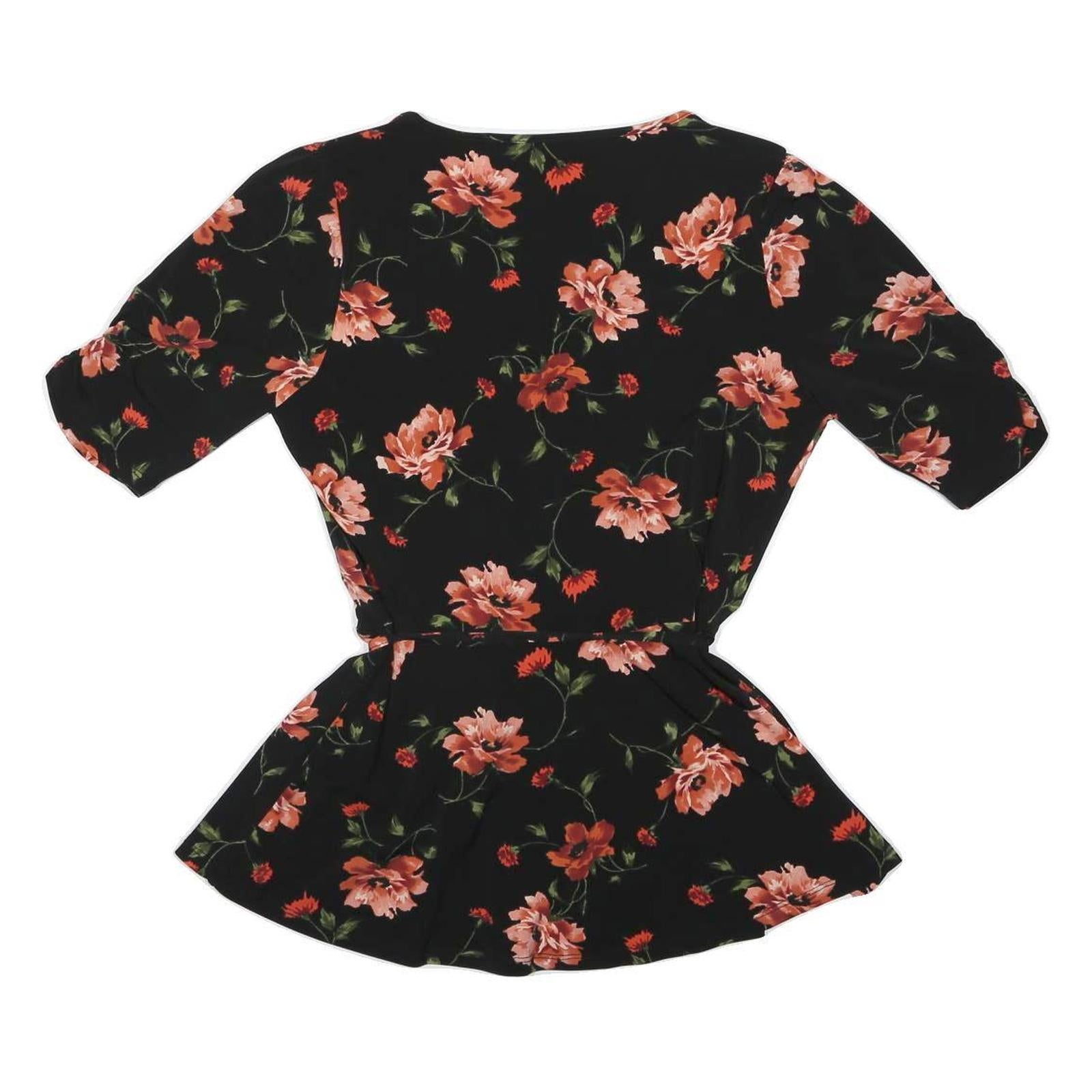 OASIS Womens Black Floral Printed Blouse 3/4 Sleeve V-Neck S Belted Waist