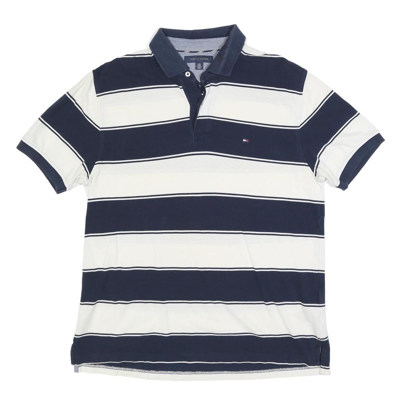 TOMMY HILFIGER Mens Blue & White Striped Short Sleeve Polo Shirt L Classic Fit