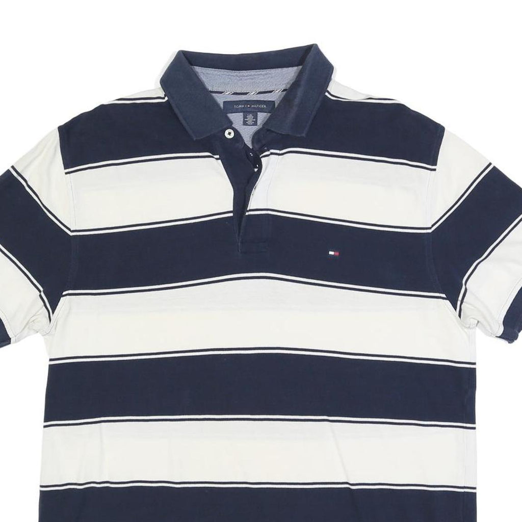 TOMMY HILFIGER Mens Blue & White Striped Short Sleeve Polo Shirt L Classic Fit