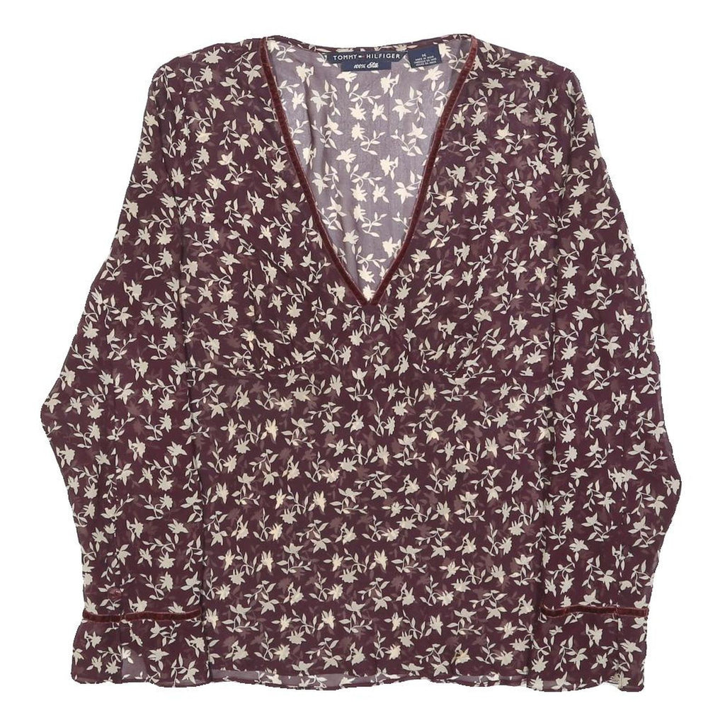TOMMY HILFIGER Womens Maroon & Cream Floral Print Silk Top Long Sleeve V-Neck L