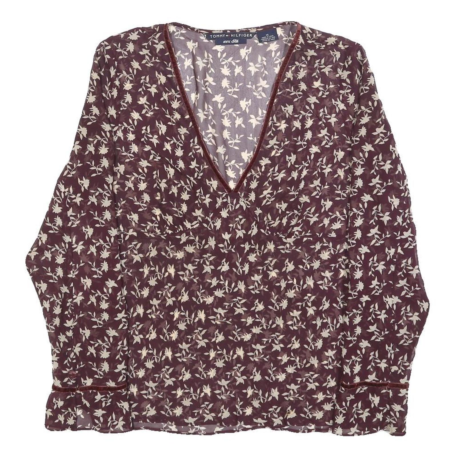 TOMMY HILFIGER Womens Maroon & Cream Floral Print Silk Top Long Sleeve V-Neck L