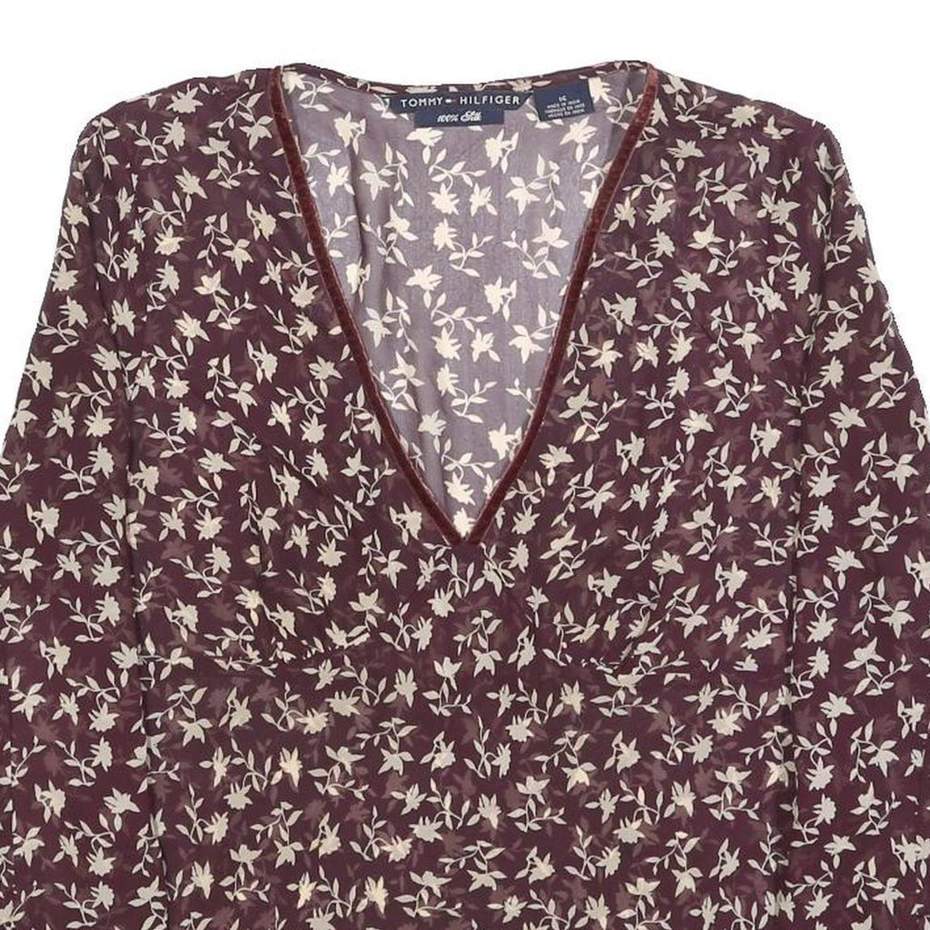TOMMY HILFIGER Womens Maroon & Cream Floral Print Silk Top Long Sleeve V-Neck L