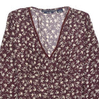 TOMMY HILFIGER Womens Maroon & Cream Floral Print Silk Top Long Sleeve V-Neck L