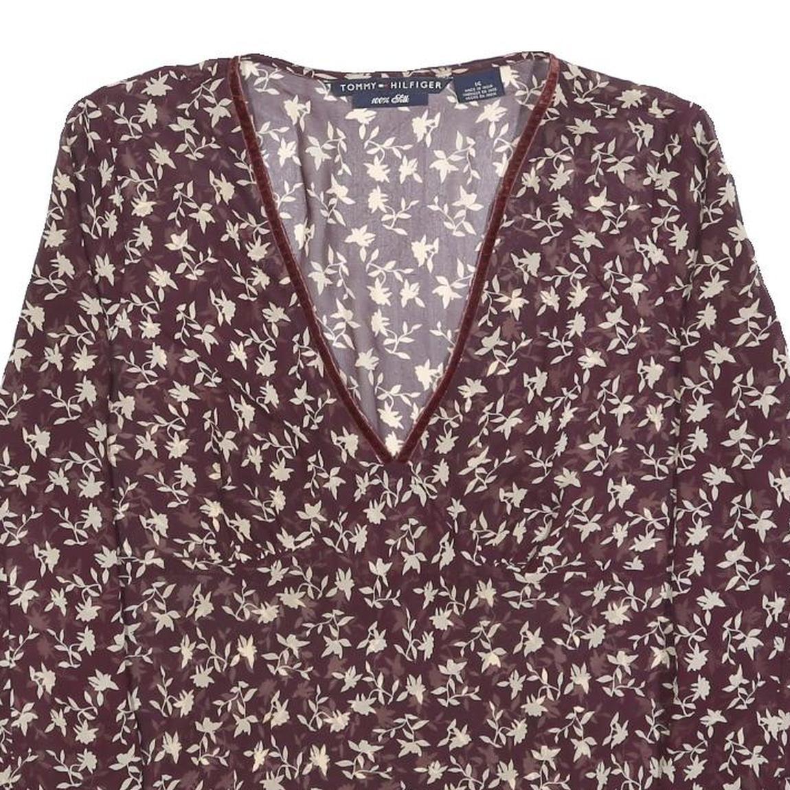 TOMMY HILFIGER Womens Maroon & Cream Floral Print Silk Top Long Sleeve V-Neck L