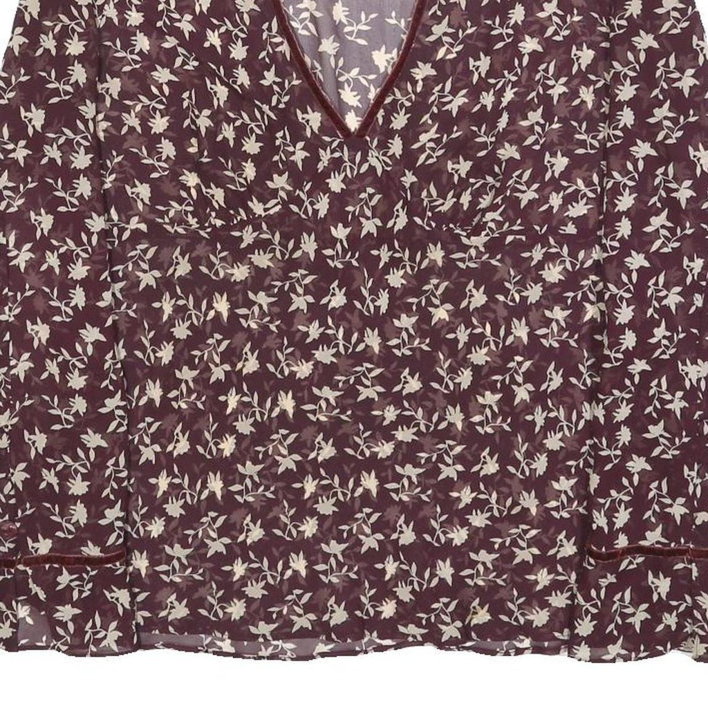 TOMMY HILFIGER Womens Maroon & Cream Floral Print Silk Top Long Sleeve V-Neck L