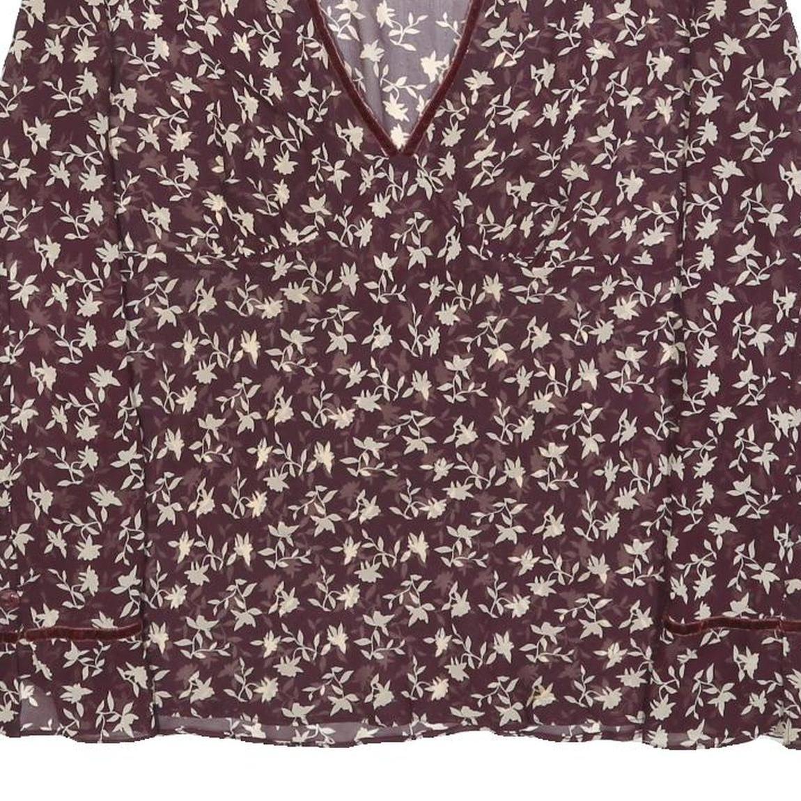 TOMMY HILFIGER Womens Maroon & Cream Floral Print Silk Top Long Sleeve V-Neck L