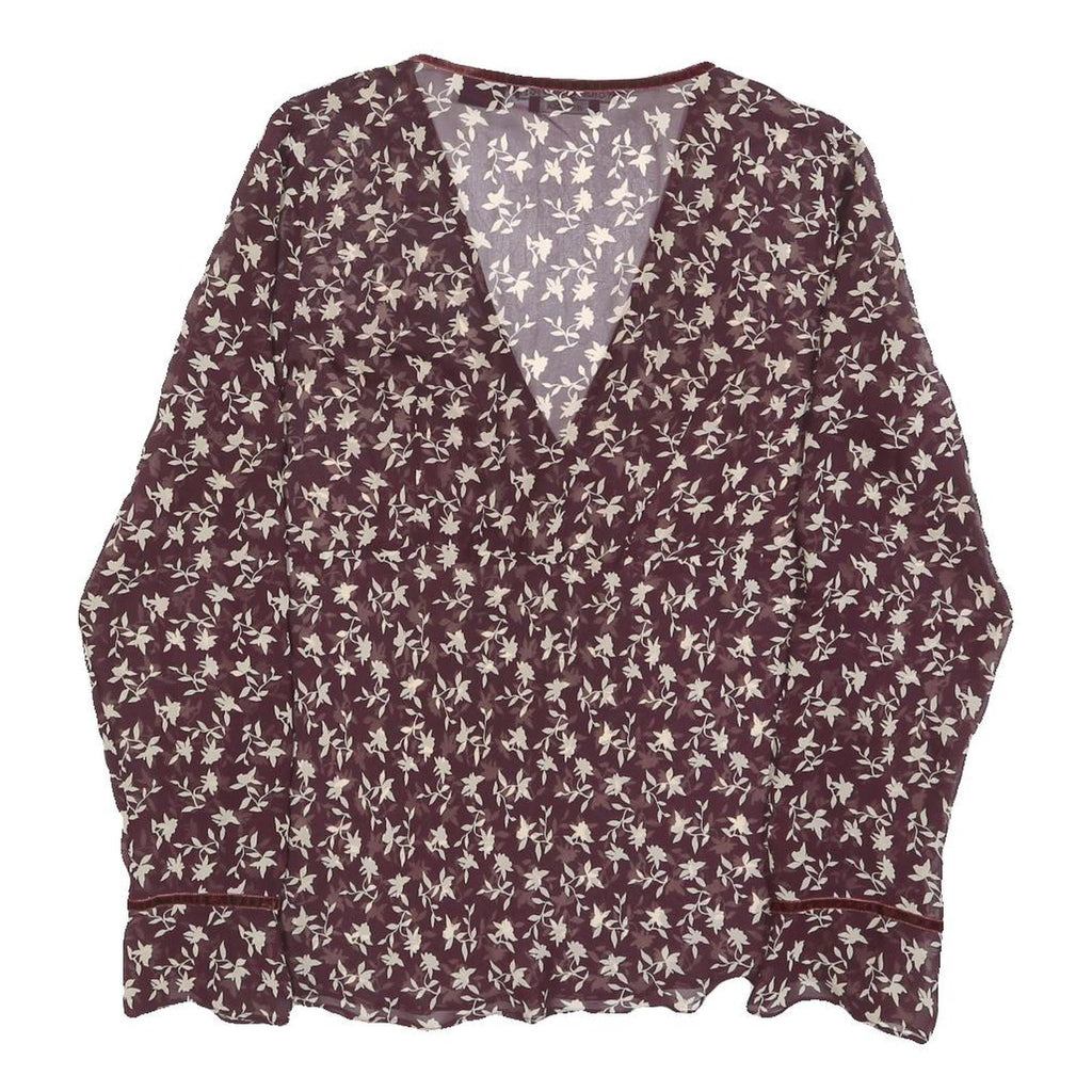 TOMMY HILFIGER Womens Maroon & Cream Floral Print Silk Top Long Sleeve V-Neck L