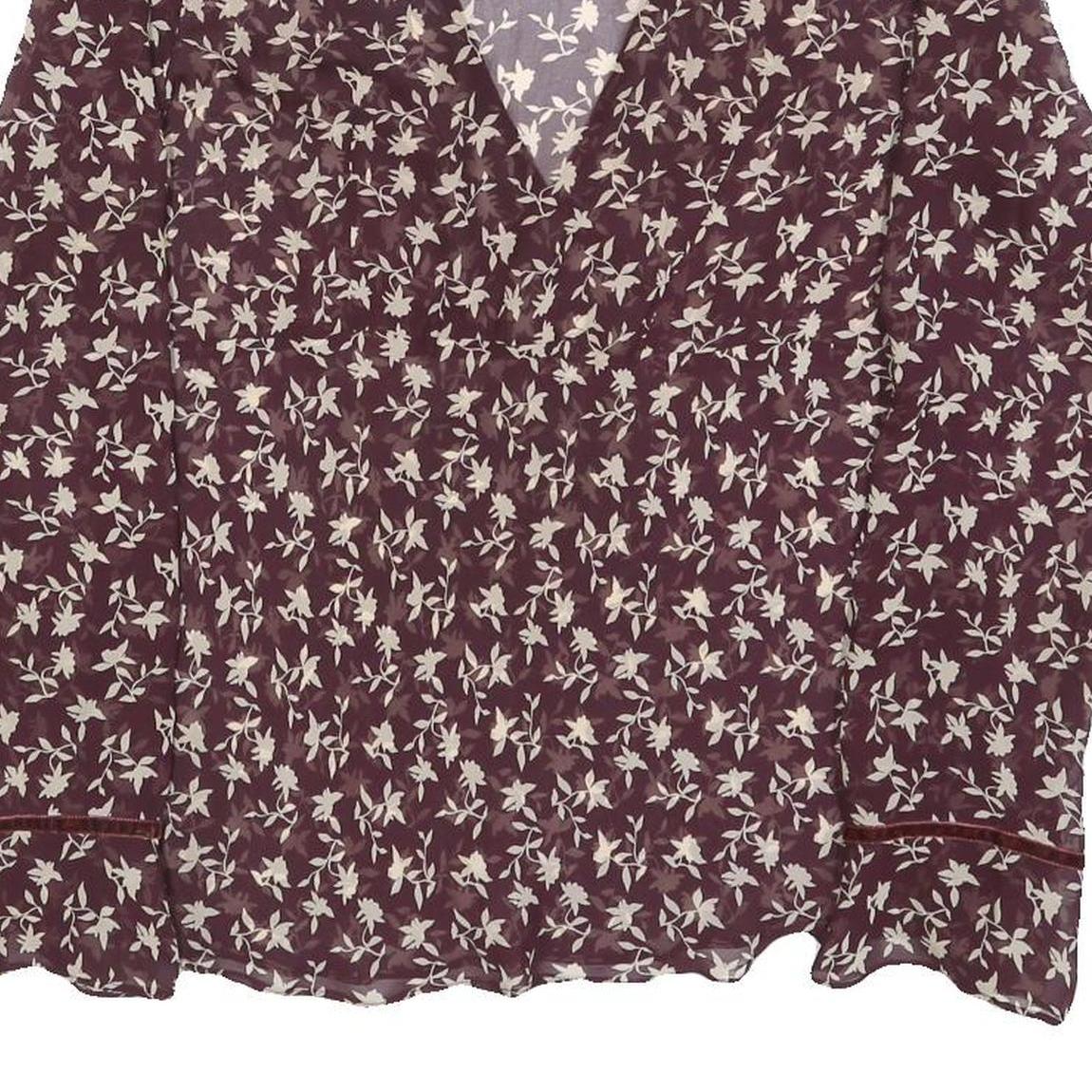 TOMMY HILFIGER Womens Maroon & Cream Floral Print Silk Top Long Sleeve V-Neck L