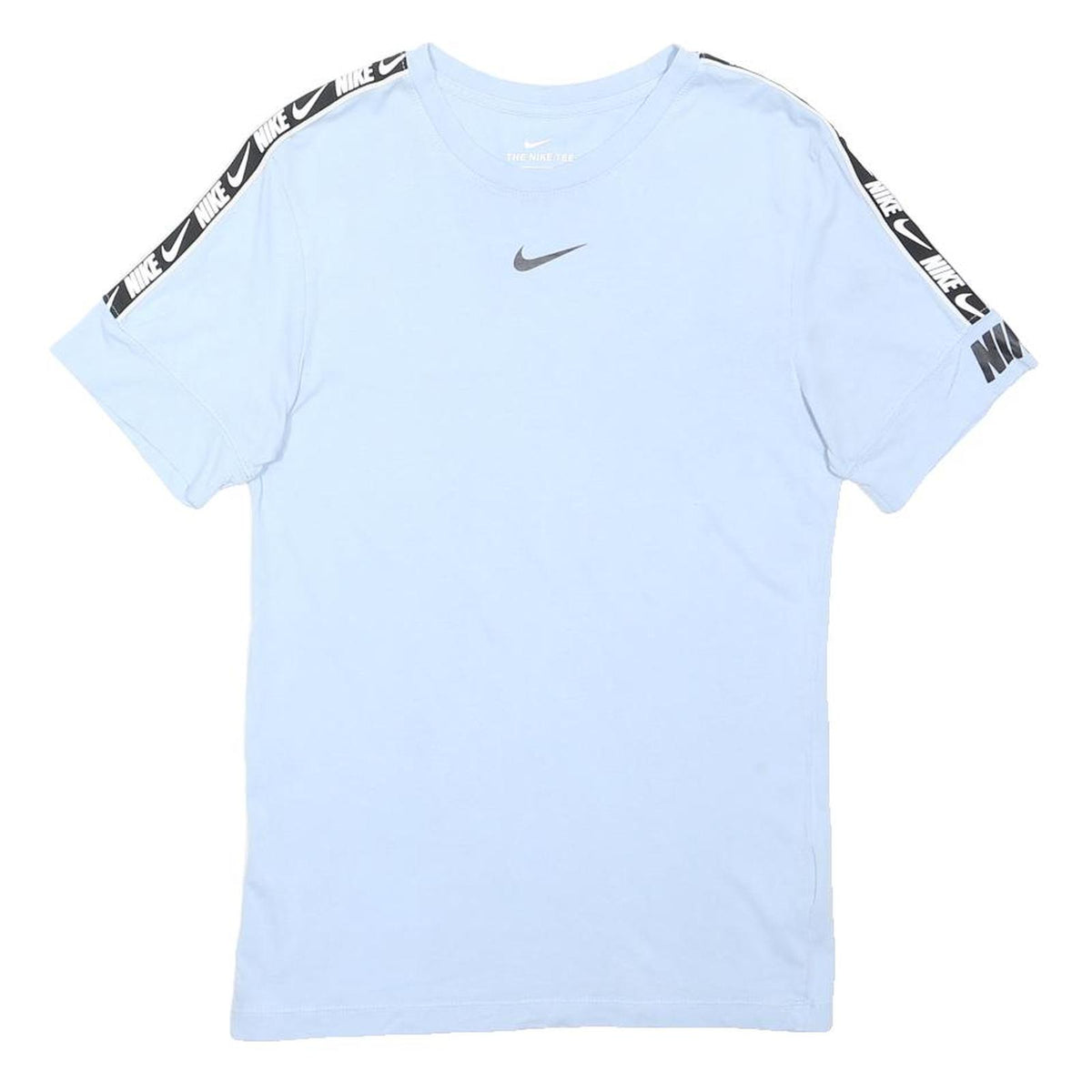 NIKE Mens Light Blue T-Shirt XS Short Sleeve Crew Neck Logo Tape Stripe
