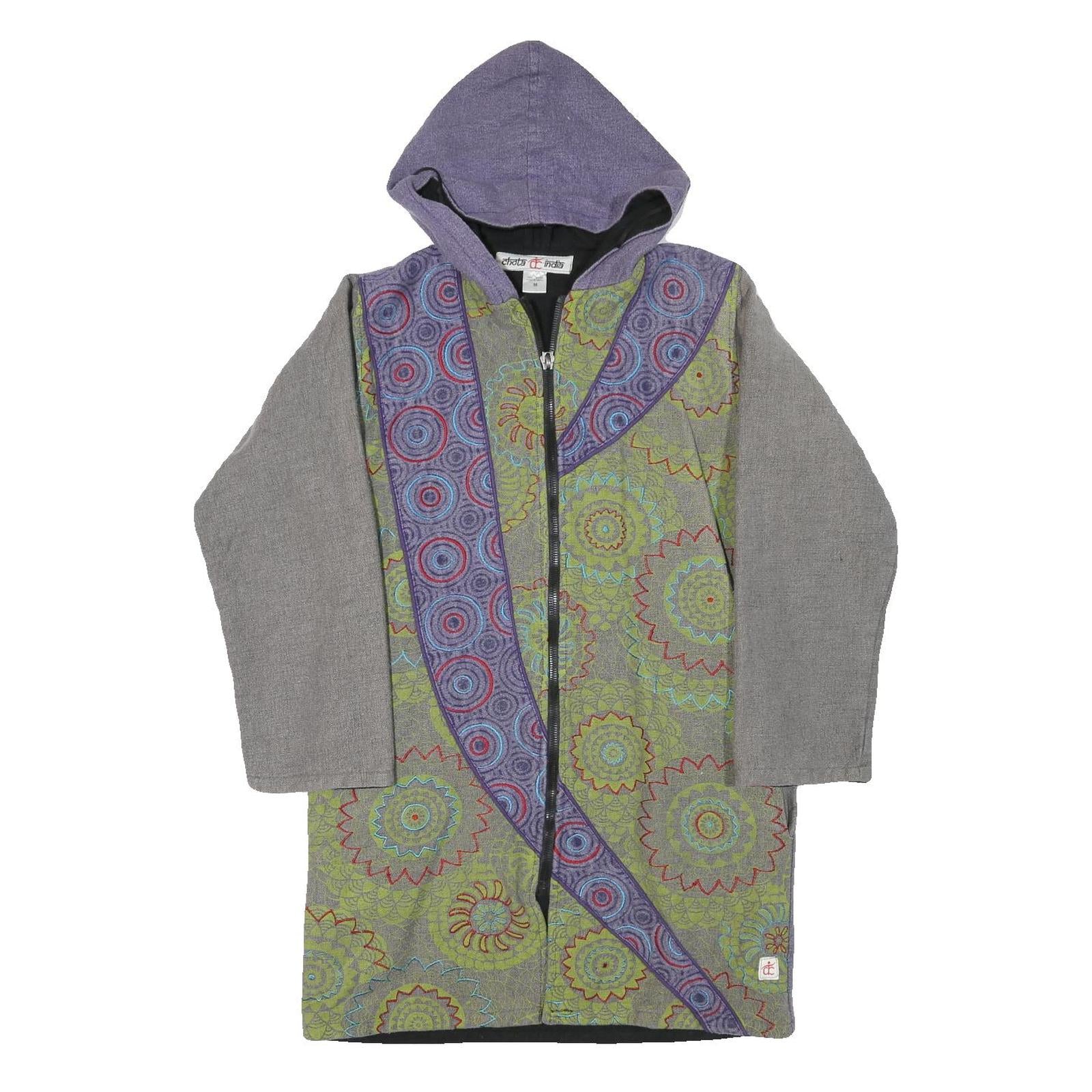 CHOTA INDIA Womens Green & Purple Hooded Zip Cotton Blend Jacket M Ethnic Print