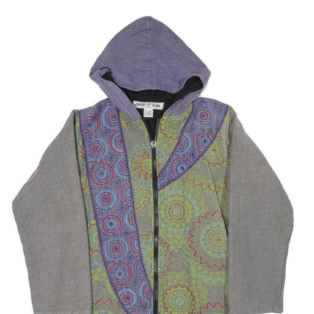 CHOTA INDIA Womens Green & Purple Hooded Zip Cotton Blend Jacket M Ethnic Print