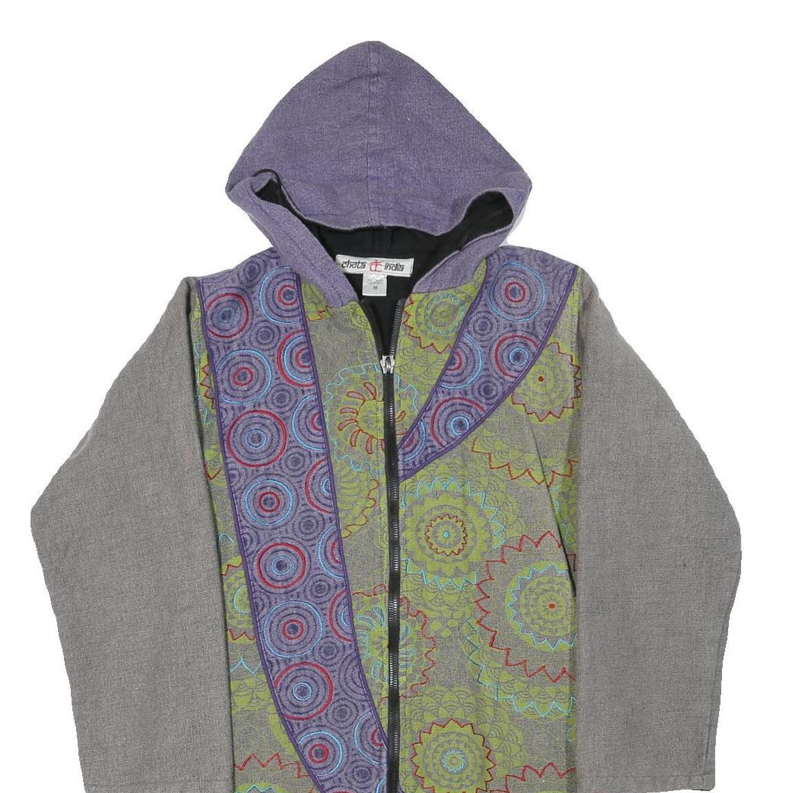 CHOTA INDIA Womens Green & Purple Hooded Zip Cotton Blend Jacket M Ethnic Print