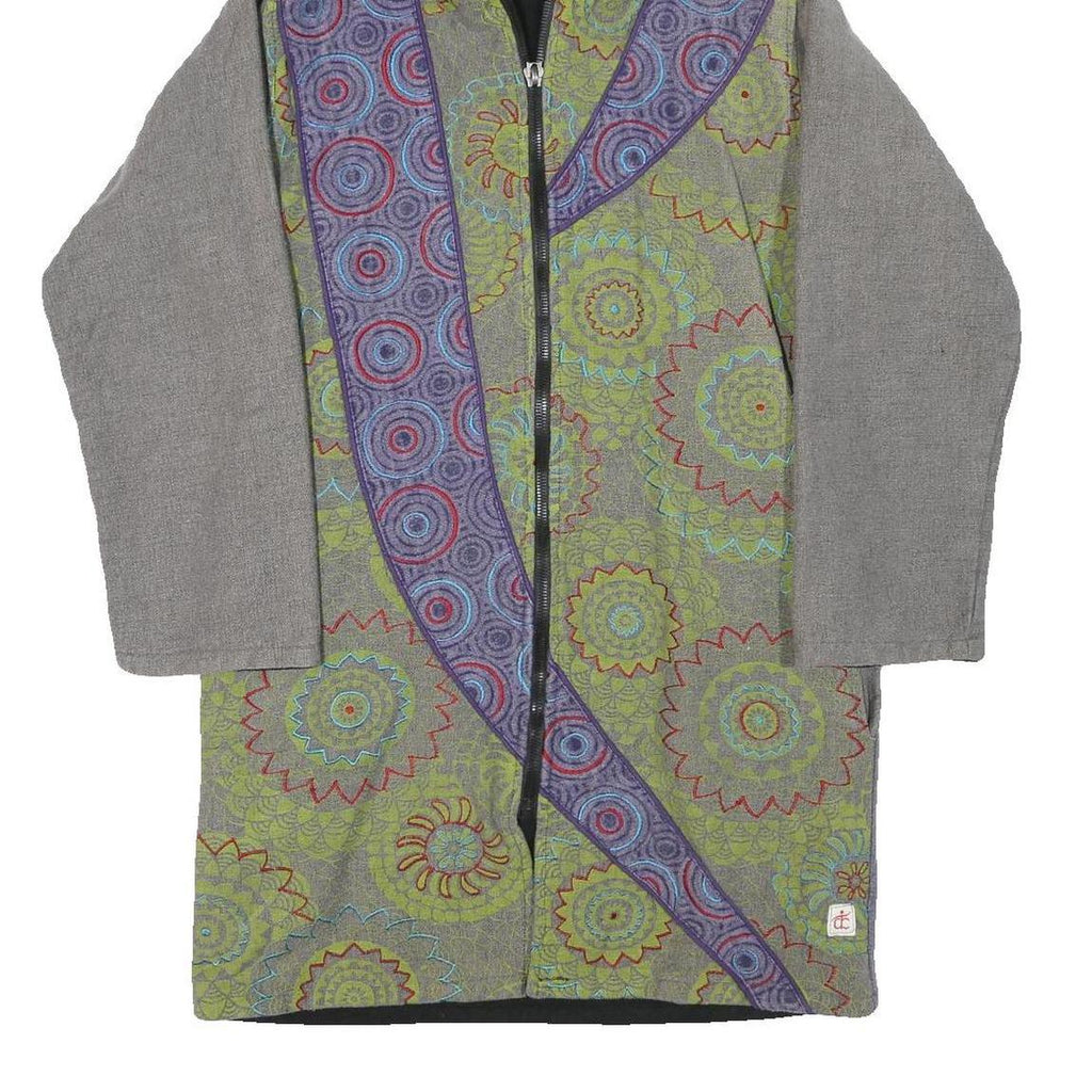 CHOTA INDIA Womens Green & Purple Hooded Zip Cotton Blend Jacket M Ethnic Print
