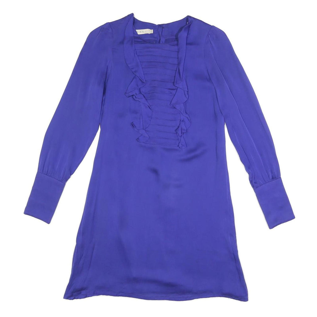 REISS Womens Blue Silk Day Dress V-Neck Long Sleeve UK 6 Elegant Ruffle Detail