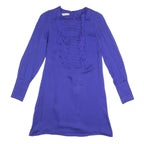 REISS Womens Blue Silk Day Dress V-Neck Long Sleeve UK 6 Elegant Ruffle Detail