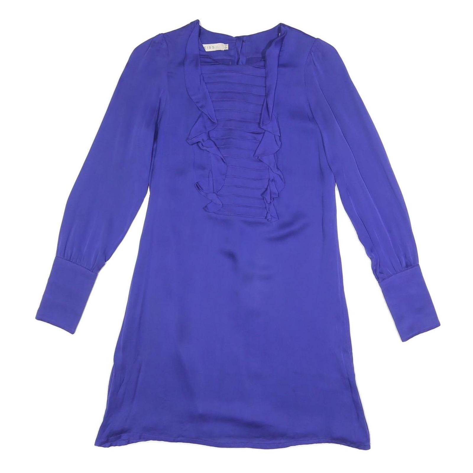 REISS Womens Blue Silk Day Dress V-Neck Long Sleeve UK 6 Elegant Ruffle Detail