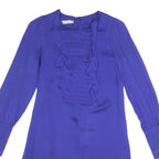 REISS Womens Blue Silk Day Dress V-Neck Long Sleeve UK 6 Elegant Ruffle Detail