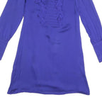 REISS Womens Blue Silk Day Dress V-Neck Long Sleeve UK 6 Elegant Ruffle Detail