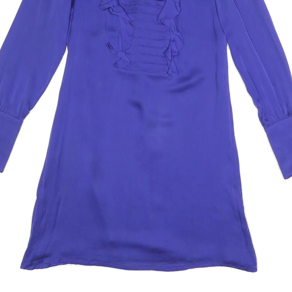REISS Womens Blue Silk Day Dress V-Neck Long Sleeve UK 6 Elegant Ruffle Detail