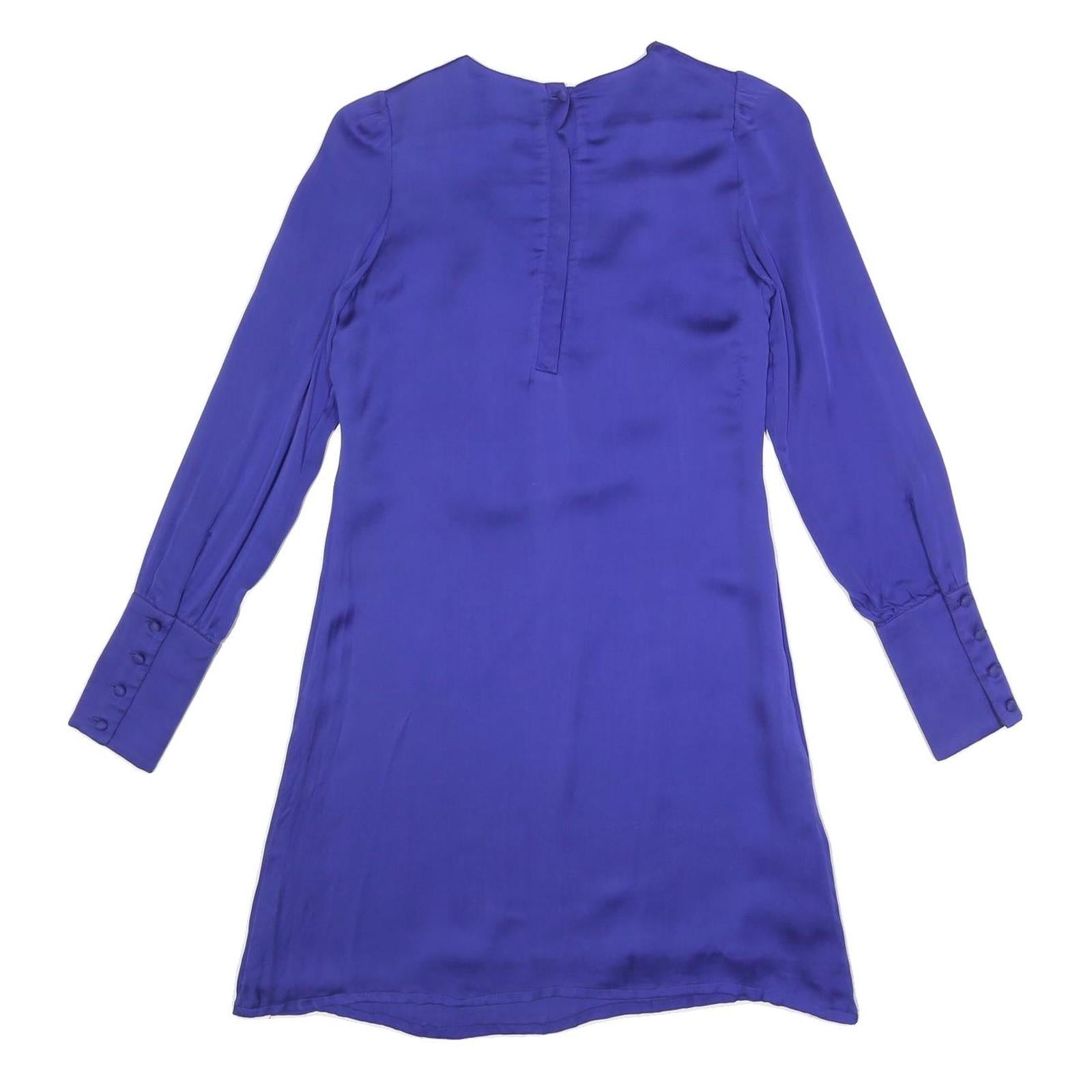 REISS Womens Blue Silk Day Dress V-Neck Long Sleeve UK 6 Elegant Ruffle Detail