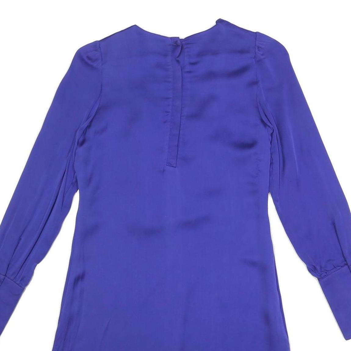 REISS Womens Blue Silk Day Dress V-Neck Long Sleeve UK 6 Elegant Ruffle Detail