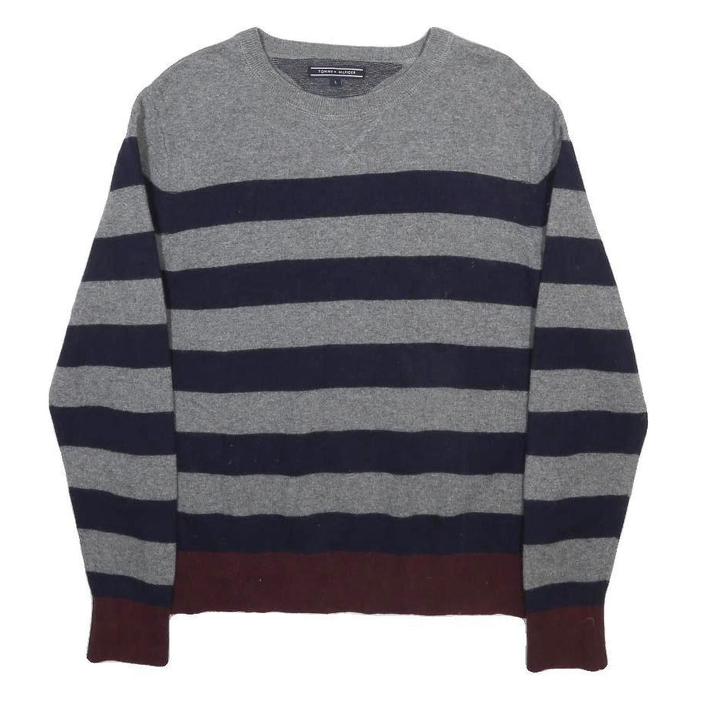TOMMY HILFIGER Mens Grey & Navy Chunky Knit Stripe Jumper Crew Neck L Wool Blend