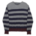 TOMMY HILFIGER Mens Grey & Navy Chunky Knit Stripe Jumper Crew Neck L Wool Blend