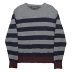 TOMMY HILFIGER Mens Grey & Navy Chunky Knit Stripe Jumper Crew Neck L Wool Blend