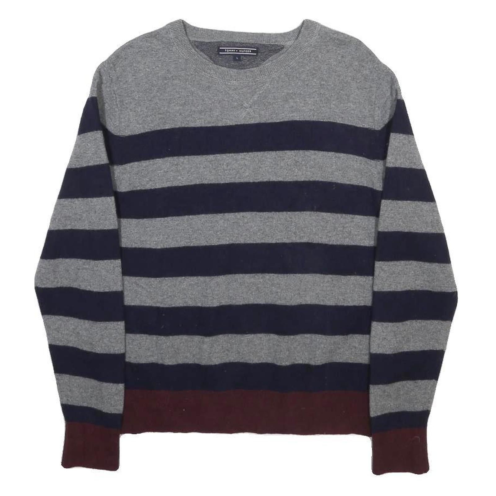 TOMMY HILFIGER Mens Grey & Navy Chunky Knit Stripe Jumper Crew Neck L Wool Blend