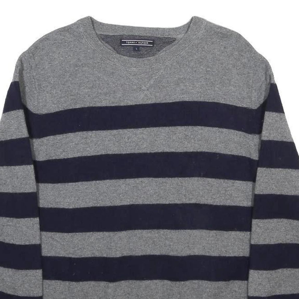 TOMMY HILFIGER Mens Grey & Navy Chunky Knit Stripe Jumper Crew Neck L Wool Blend