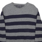 TOMMY HILFIGER Mens Grey & Navy Chunky Knit Stripe Jumper Crew Neck L Wool Blend