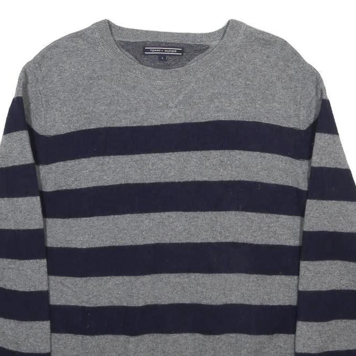 TOMMY HILFIGER Mens Grey & Navy Chunky Knit Stripe Jumper Crew Neck L Wool Blend