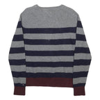 TOMMY HILFIGER Mens Grey & Navy Chunky Knit Stripe Jumper Crew Neck L Wool Blend