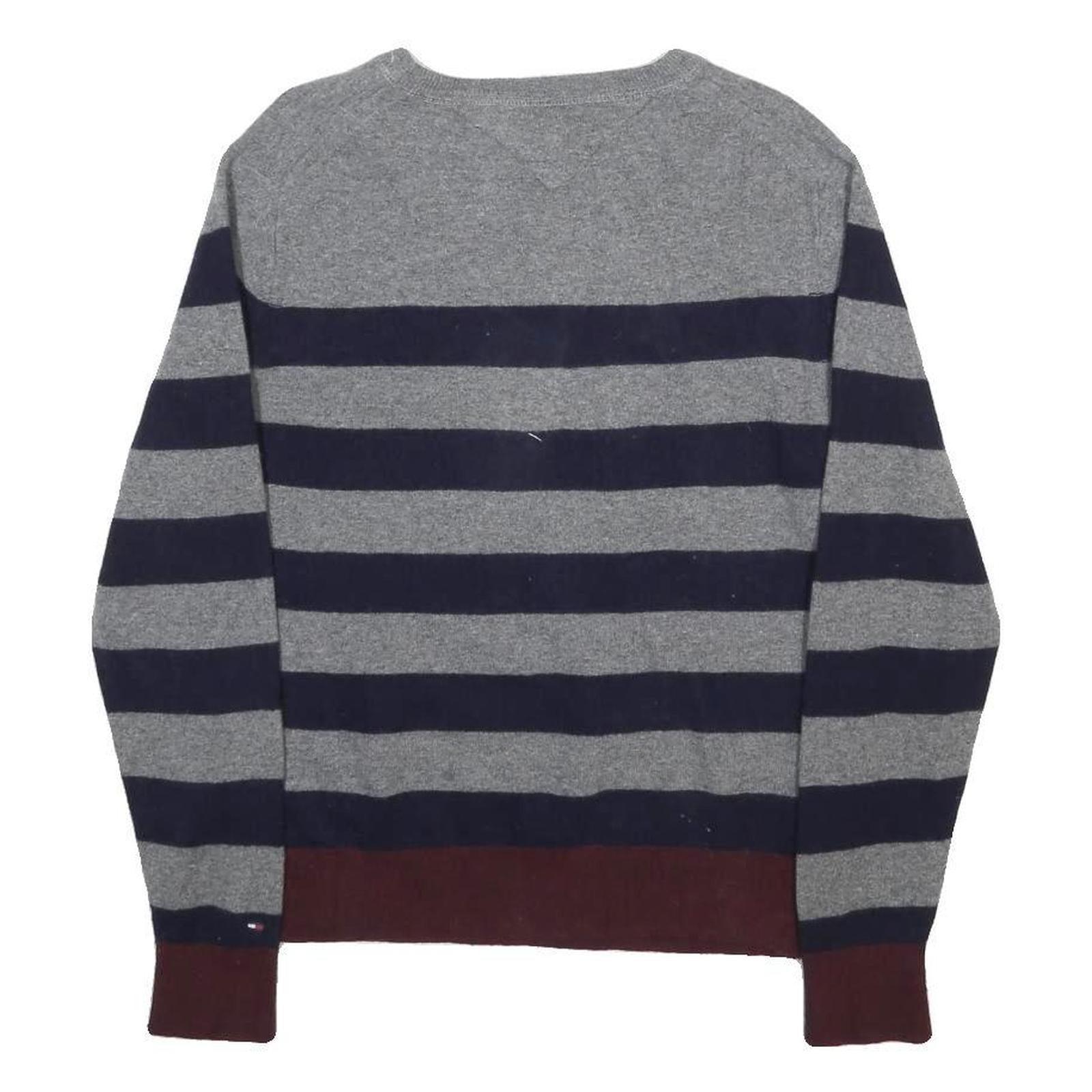 TOMMY HILFIGER Mens Grey & Navy Chunky Knit Stripe Jumper Crew Neck L Wool Blend