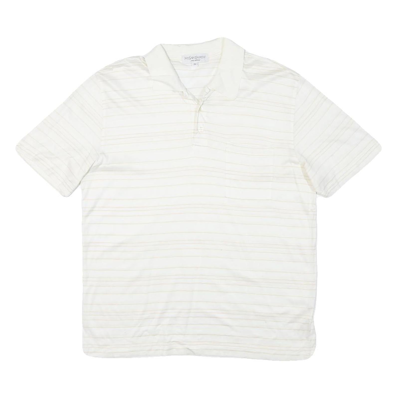 YVES SAINT LAURENT Mens White & Beige Striped Short Sleeve Polo Shirt M Cotton