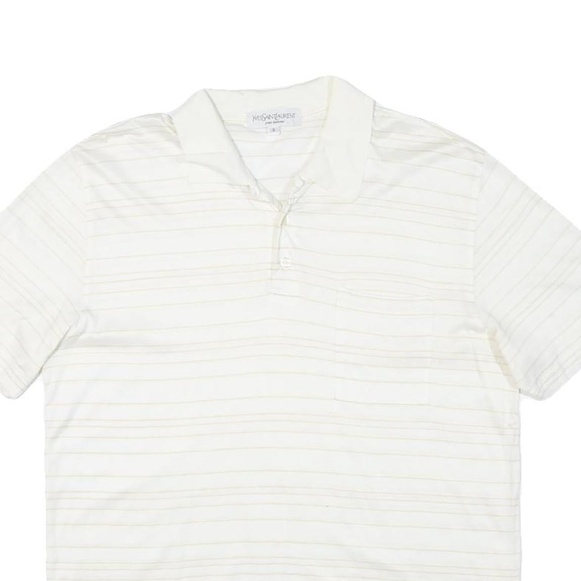 YVES SAINT LAURENT Mens White & Beige Striped Short Sleeve Polo Shirt M Cotton